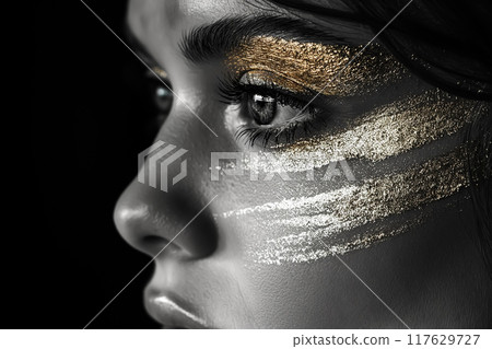 Close-up portrait of young, beautiful and healthy woman with golden make-up on her face. 117629727