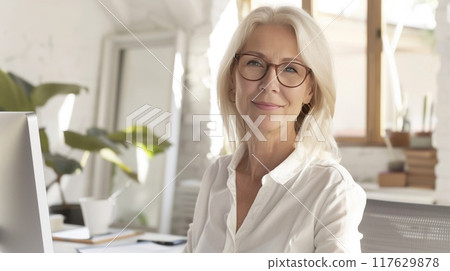 An elderly woman freelancer at her work station at home. An elderly woman freelancer at her work station at home. 117629878