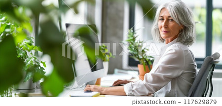 An elderly woman freelancer at her work station at home. An elderly woman freelancer at her work station at home. 117629879