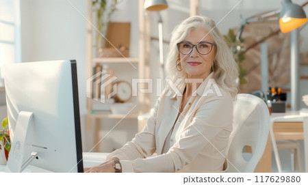 An elderly woman freelancer at her work station at home. An elderly woman freelancer at her work station at home. 117629880