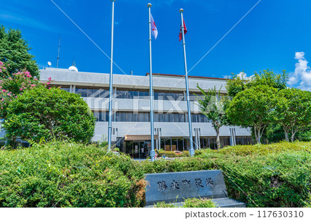 Shoo Town Hall and stone marker in Shoo Town, Okayama Prefecture 117630310
