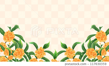 Osmanthus and checkered pattern Autumn frame background 16:9 117630359