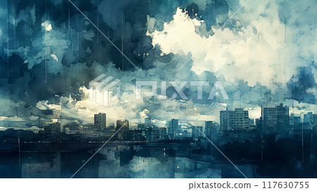 遭受大雨襲擊的城市的水彩插圖景觀 遭受大雨襲擊的城市的水彩插圖景觀 117630755