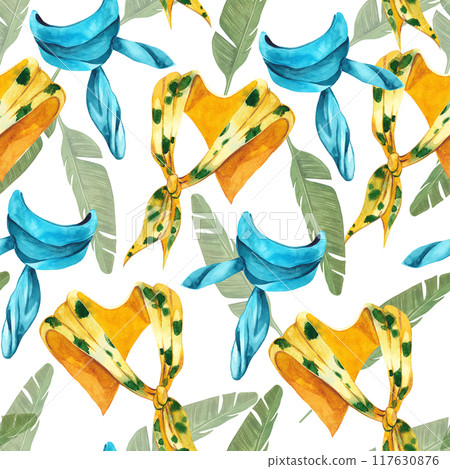 Seamless watercolor pattern. Women's accessories, yellow shawl, blue scarf, leaves, all objects are hand-painted with watercolor. Suitable for printing on fabric, paper, for design. Seamless watercolor pattern. Women's accessories, yellow shawl, blue scarf, leaves, all objects are hand-painted with watercolor. Suitable for printing on fabric, paper, for design. 117630876