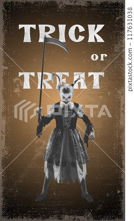 Creepy child in tattered dress holding scythe, ready for Tick or Treat game. Contemporary art collage. Creepy child in tattered dress holding scythe, ready for Tick or Treat game. Contemporary art collage. 117631038
