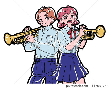 一個微笑的男人和女人用喇叭的插圖 117631232