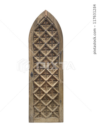Old medieval wooden door isolated on white background with clipping path 117631284
