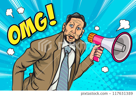Business man with loudspeaker megaphone announcing discount or sale Special offer shopping time 117631389