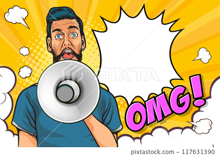 Business man with loudspeaker megaphone announcing discount or sale Special offer shopping time 117631390