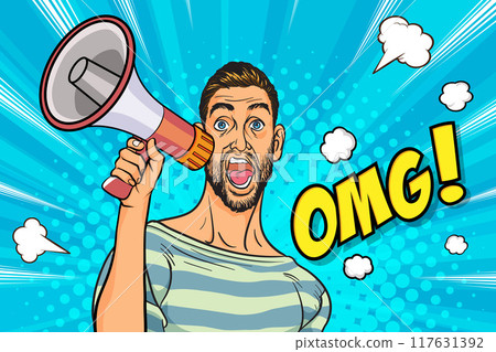 Business man with loudspeaker megaphone announcing discount or sale Special offer shopping time Business man with loudspeaker megaphone announcing discount or sale Special offer shopping time 117631392