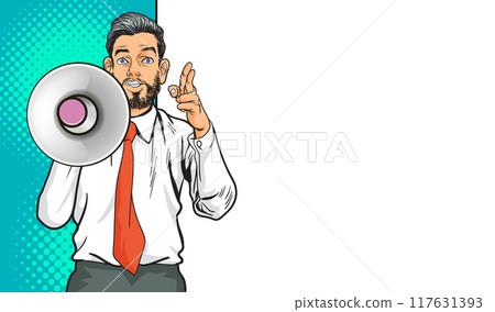 Business man with loudspeaker megaphone announcing discount or sale Special offer shopping time Business man with loudspeaker megaphone announcing discount or sale Special offer shopping time 117631393
