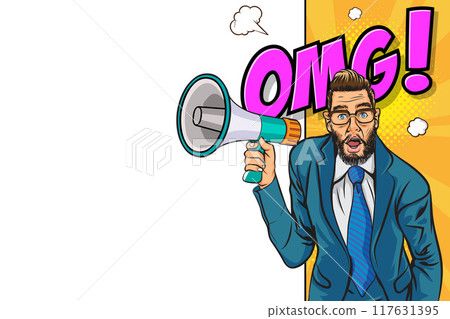 Business man with loudspeaker megaphone announcing discount or sale Special offer shopping time 117631395