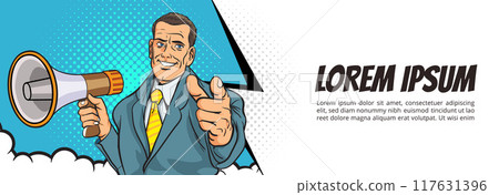 Business man with loudspeaker megaphone announcing discount or sale Special offer shopping time 117631396