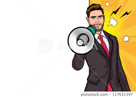 Business man with loudspeaker megaphone announcing discount or sale Special offer shopping time Business man with loudspeaker megaphone announcing discount or sale Special offer shopping time 117631397