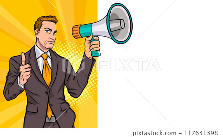 Business man with loudspeaker megaphone announcing discount or sale Special offer shopping time Business man with loudspeaker megaphone announcing discount or sale Special offer shopping time 117631398