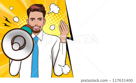 Business man with loudspeaker megaphone announcing discount or sale Special offer shopping time 117631400