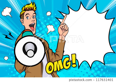 Business man with loudspeaker megaphone announcing discount or sale Special offer shopping time Business man with loudspeaker megaphone announcing discount or sale Special offer shopping time 117631401