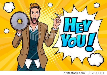 surprise man holding megaphone 85 117631411