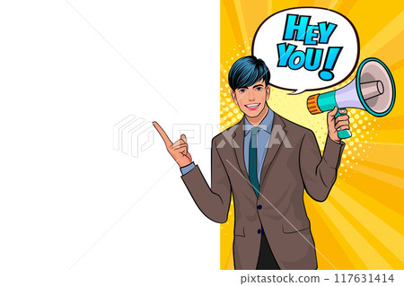 Business man with loudspeaker megaphone announcing discount or sale Special offer shopping time 117631414