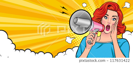 Business woman with loudspeaker megaphone  announcing discount or sale Special offer shopping time 117631422