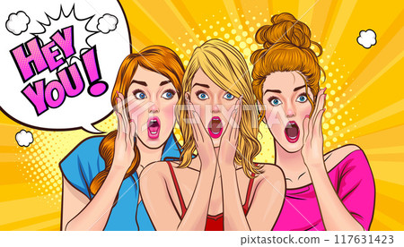 Woman whispering gossip secret to her friend surprise In Retro Vintage Pop Art Comic Style 117631423