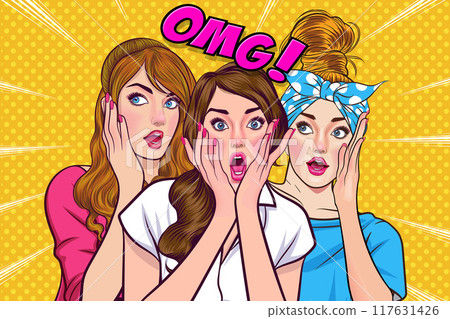 Woman whispering gossip secret to her friend surprise In Retro Vintage Pop Art Comic Style 117631426