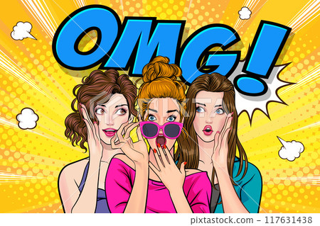 Woman whispering gossip secret to her friend surprise In Retro Vintage Pop Art Comic Style 117631438