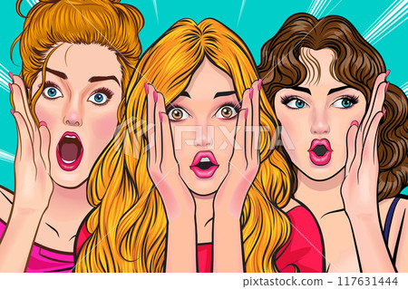 Woman whispering gossip secret to her friend surprise In Retro Vintage Pop Art Comic Style Woman whispering gossip secret to her friend surprise In Retro Vintage Pop Art Comic Style 117631444