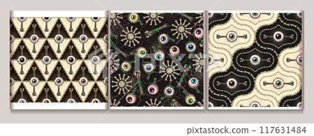 Halloween patterns with human eyeballs, bones, green goo,slime. Gothic bizarre illustrations. Textured black background. Vintage style. 117631484