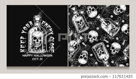 Halloween black and white pattern, label with glass bottle of poison with human skull. Splattered paint, silhouette of spiders, spiderweb behind. Witchy, mystical, surreal illustration. Not AI 117631485