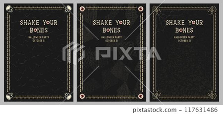 Vintage vertical frames made with bones. Black textured background with copy space. For Halloween, Dia de los Muertos holiday decoration. Template for menu, poster, invitation. A4 Vintage vertical frames made with bones. Black textured background with copy space. For Halloween, Dia de los Muertos holiday decoration. Template for menu, poster, invitation. A4 117631486