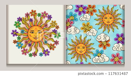 Seamless pattern, composition with sun with smiling face, clouds, scattered little chamomile flowers like cartoon emoji characters. Groovy hippie retro boho style for T-shirts, kids design Seamless pattern, composition with sun with smiling face, clouds, scattered little chamomile flowers like cartoon emoji characters. Groovy hippie retro boho style for T-shirts, kids design 117631487