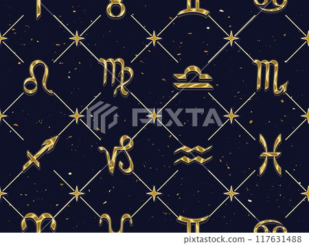 Seamless geometric pattern with golden icons of all zodiac signs, stars on dark background. Classic square geometric diagonal net grid background. Esoteric mystic concept. Seamless geometric pattern with golden icons of all zodiac signs, stars on dark background. Classic square geometric diagonal net grid background. Esoteric mystic concept. 117631488