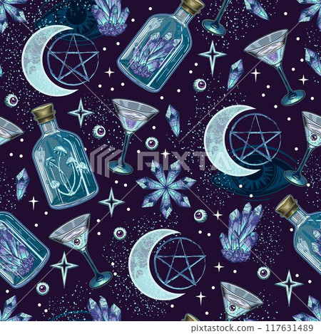 Magic surreal pattern with bottle with potion, crystals, moon with pentagram sign, martini glass with with poisonous cocktail. Scattered stars, eye balls. Halloween creepy graphics 117631489