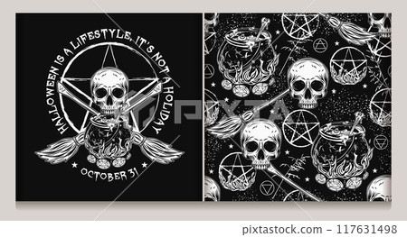 Halloween pattern, label with cauldron, pentagram Halloween pattern, label with cauldron, pentagram 117631498