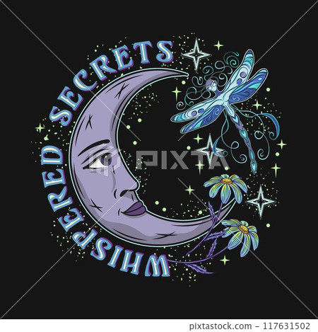 Label with crescent moon with face, fantasy pixie dragonfly, stars, text. Mythological fairy tale, mystical concept. For clothing, apparel, T-shirts, kids design 117631502