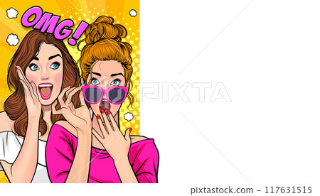 Woman whispering gossip secret to her friend surprise In Retro Vintage Pop Art Comic Style Woman whispering gossip secret to her friend surprise In Retro Vintage Pop Art Comic Style 117631515