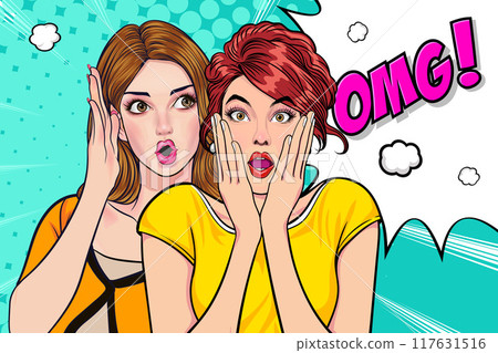 Woman whispering gossip secret to her friend surprise In Retro Vintage Pop Art Comic Style Woman whispering gossip secret to her friend surprise In Retro Vintage Pop Art Comic Style 117631516