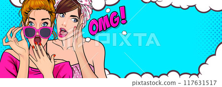 Woman whispering gossip secret to her friend surprise In Retro Vintage Pop Art Comic Style 117631517