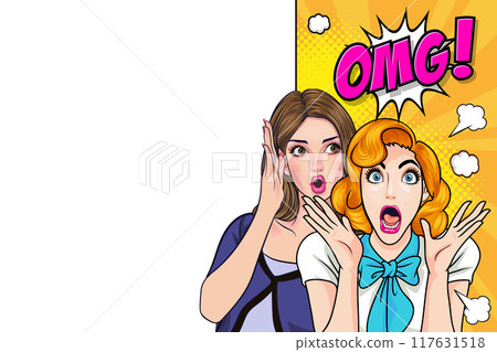 Woman whispering gossip secret to her friend surprise In Retro Vintage Pop Art Comic Style Woman whispering gossip secret to her friend surprise In Retro Vintage Pop Art Comic Style 117631518