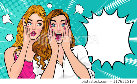 Woman whispering gossip secret to her friend surprise In Retro Vintage Pop Art Comic Style Woman whispering gossip secret to her friend surprise In Retro Vintage Pop Art Comic Style 117631519