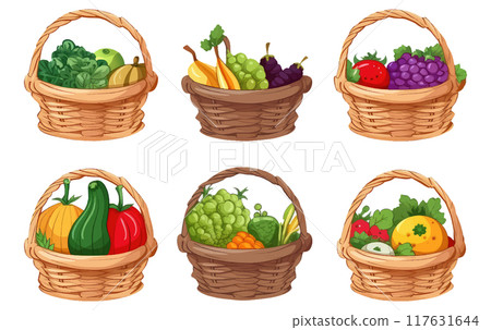 ui set vector illustration of fresh vegetables in basket isolated on white background 117631644