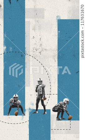 Poster. Contemporary artwork. Football players in different stances, strategically placed against minimalist background. Paper texture. Vintage style design. 117631670