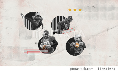 Poster. Contemporary artwork. Football players captured in action, each highlighted within circular frames against paper textured backdrop. Vintage style design. 117631673