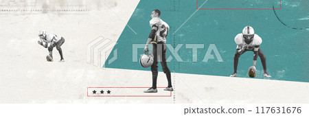 Banner. Contemporary artwork. Football player prepares for action in various stances against minimalistic background. Paper texture. Vintage style design. Banner. Contemporary artwork. Football player prepares for action in various stances against minimalistic background. Paper texture. Vintage style design. 117631676
