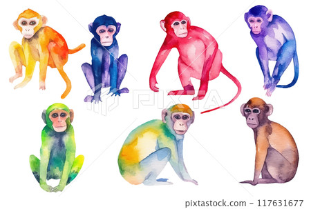 watercolor set illustration of wild monkey in jungle isolated on white background watercolor set illustration of wild monkey in jungle isolated on white background 117631677