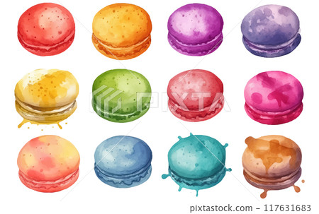 set vector watercolor illustration of multicolors macaron cakes isolated on white background set vector watercolor illustration of multicolors macaron cakes isolated on white background 117631683