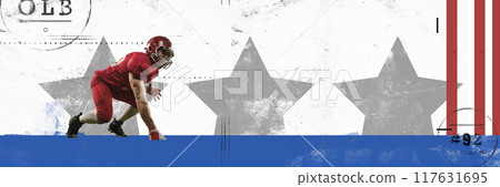 Banner. Contemporary artwork. Football player crouches, ready to launch into action against backdrop of stars and bold, patriotic stripes. Vintage style design. Banner. Contemporary artwork. Football player crouches, ready to launch into action against backdrop of stars and bold, patriotic stripes. Vintage style design. 117631695