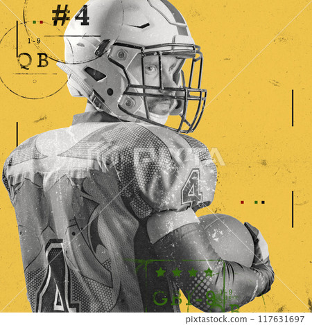 Poster. Contemporary artwork. Quarterback, looks over shoulder with intensity against gritty, yellow background. Paper texture. Vintage style design. Poster. Contemporary artwork. Quarterback, looks over shoulder with intensity against gritty, yellow background. Paper texture. Vintage style design. 117631697