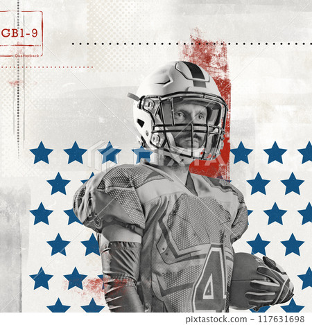 Poster. Contemporary artwork. Focused football player stands ready, framed by backdrop of stars and bold textures. Leadership in game. Paper texture. Vintage style design. Poster. Contemporary artwork. Focused football player stands ready, framed by backdrop of stars and bold textures. Leadership in game. Paper texture. Vintage style design. 117631698